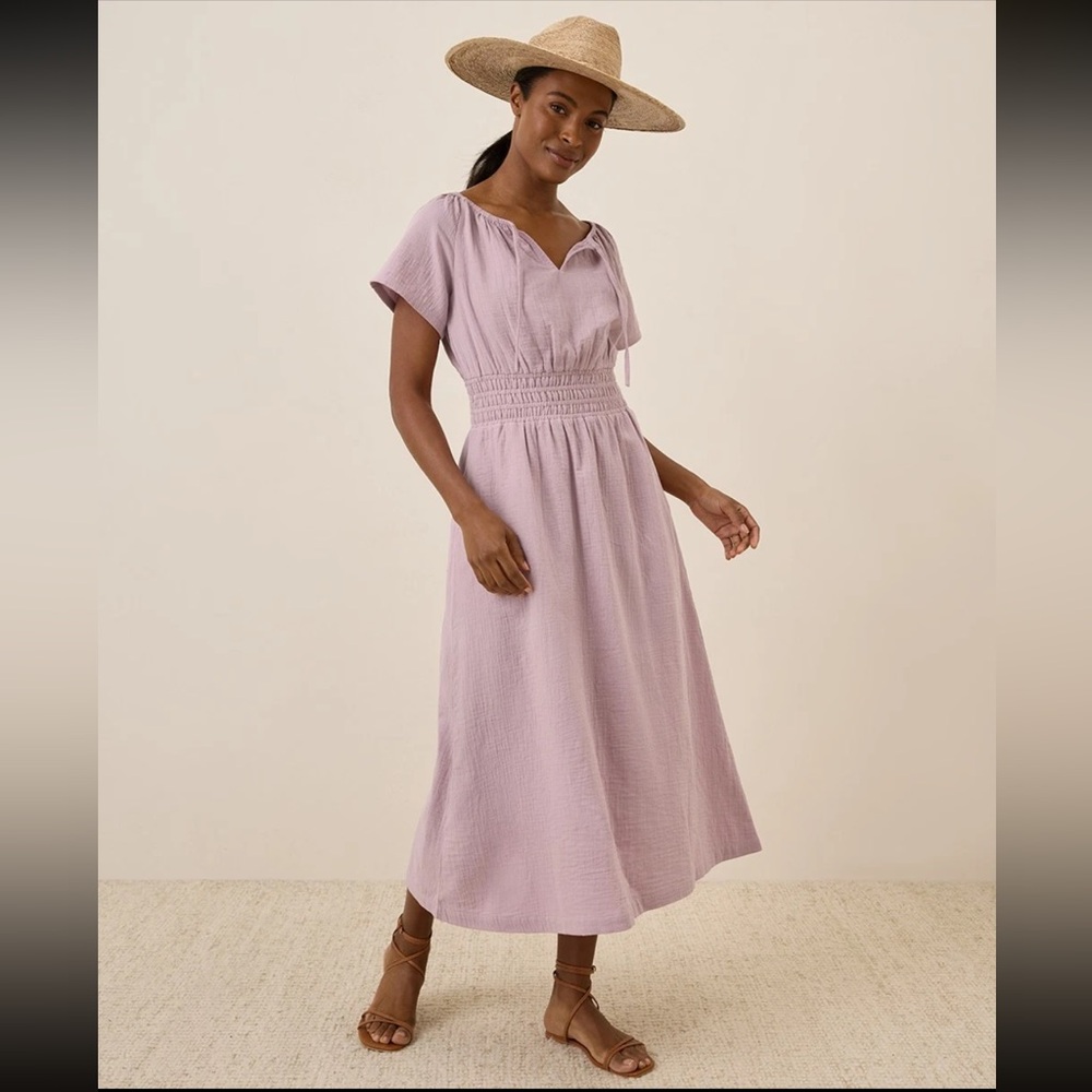 NWT Pact Organic Coastal Double Gauze Boho Midi Dress XX-Small Lavender Haze XXS